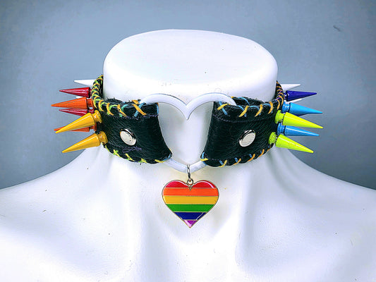 Rainbow choker on black leather.